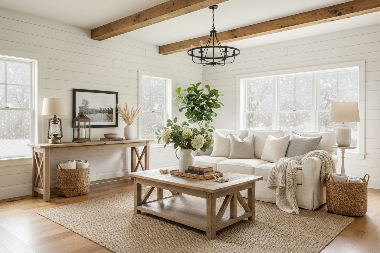 Farmhouse living room with snow falling